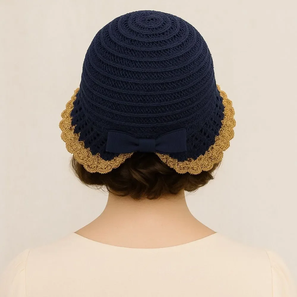 Vintage 1930s Navy Crochet Cloche Hat Gold Lace Trim Ribbon Bow Women’s One Size - Picture 8 of 14